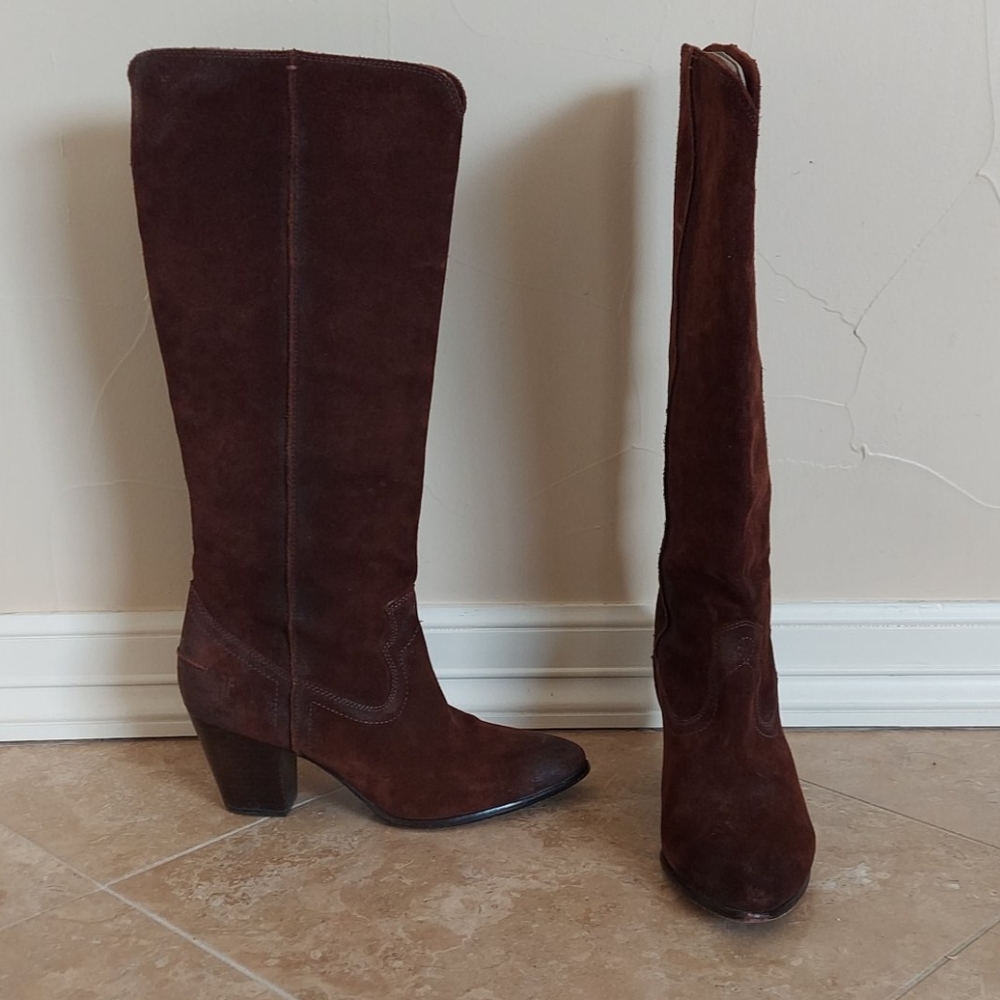 Frye rust suede distressed heel boots